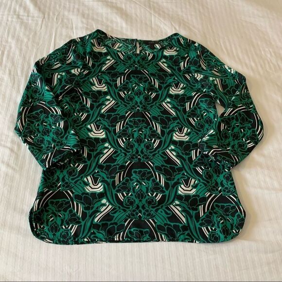 J. Crew Womens Blouse Shirt Green 3/4 Sleeve Retro Floral Popover Size 2 - Picture 1 of 12